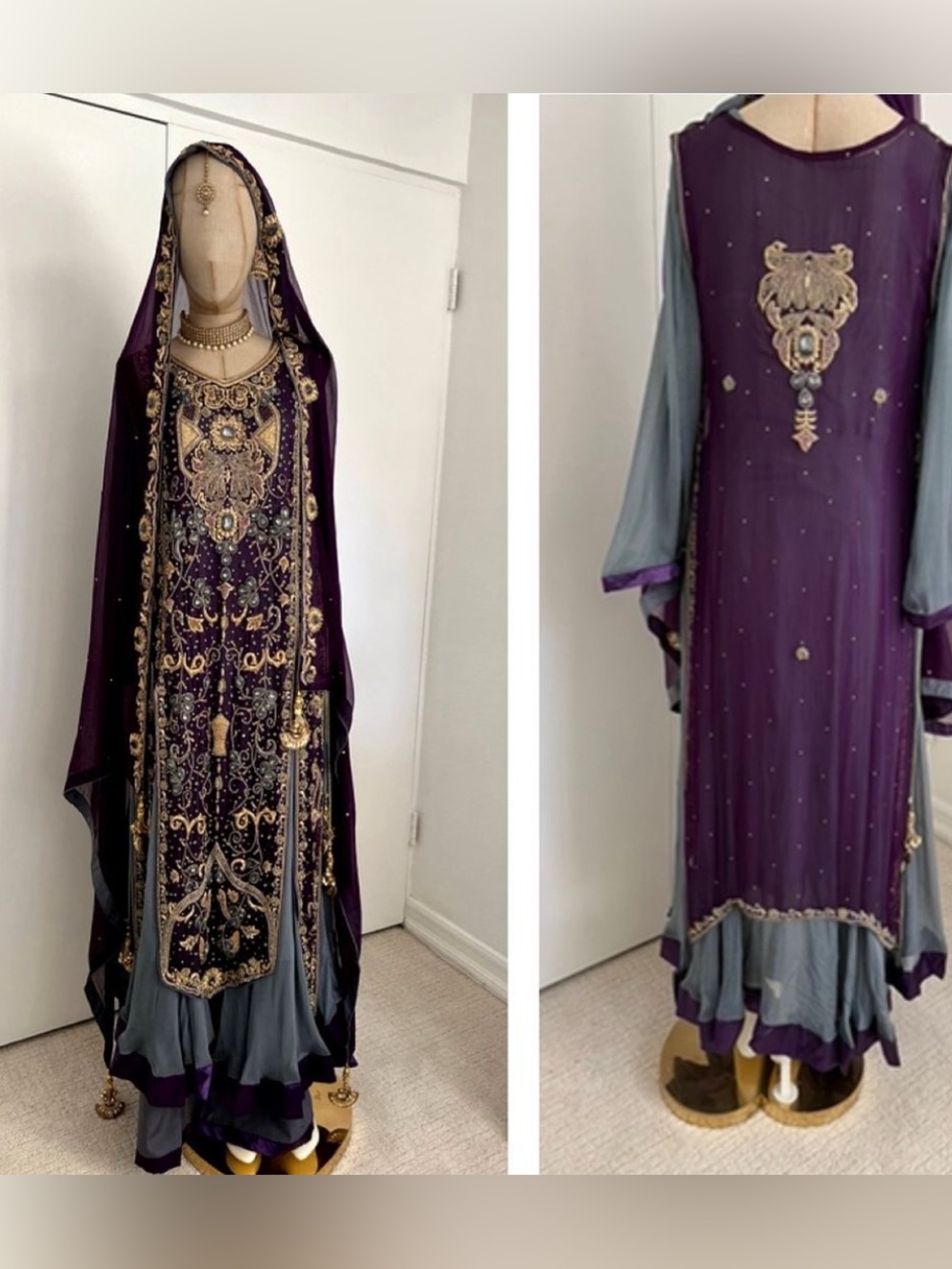 Embroidered Purple & Gray Formal Women's Dress with Veil